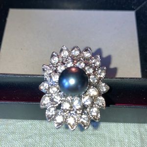 COSTUME BLK PEARL RING w/2 rows czs around in oval shapes, adj.  $26